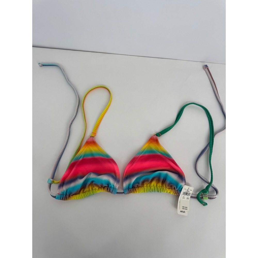 Aerie Rainbow Ombre Ribbed Triangle Bikini Top NWT Multi Neon Swimsuit L Org $34
